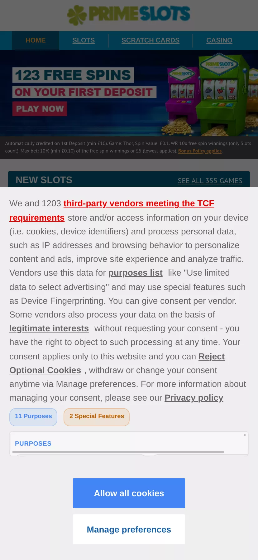 Mobile screen. Prime Slots Get 123 FS