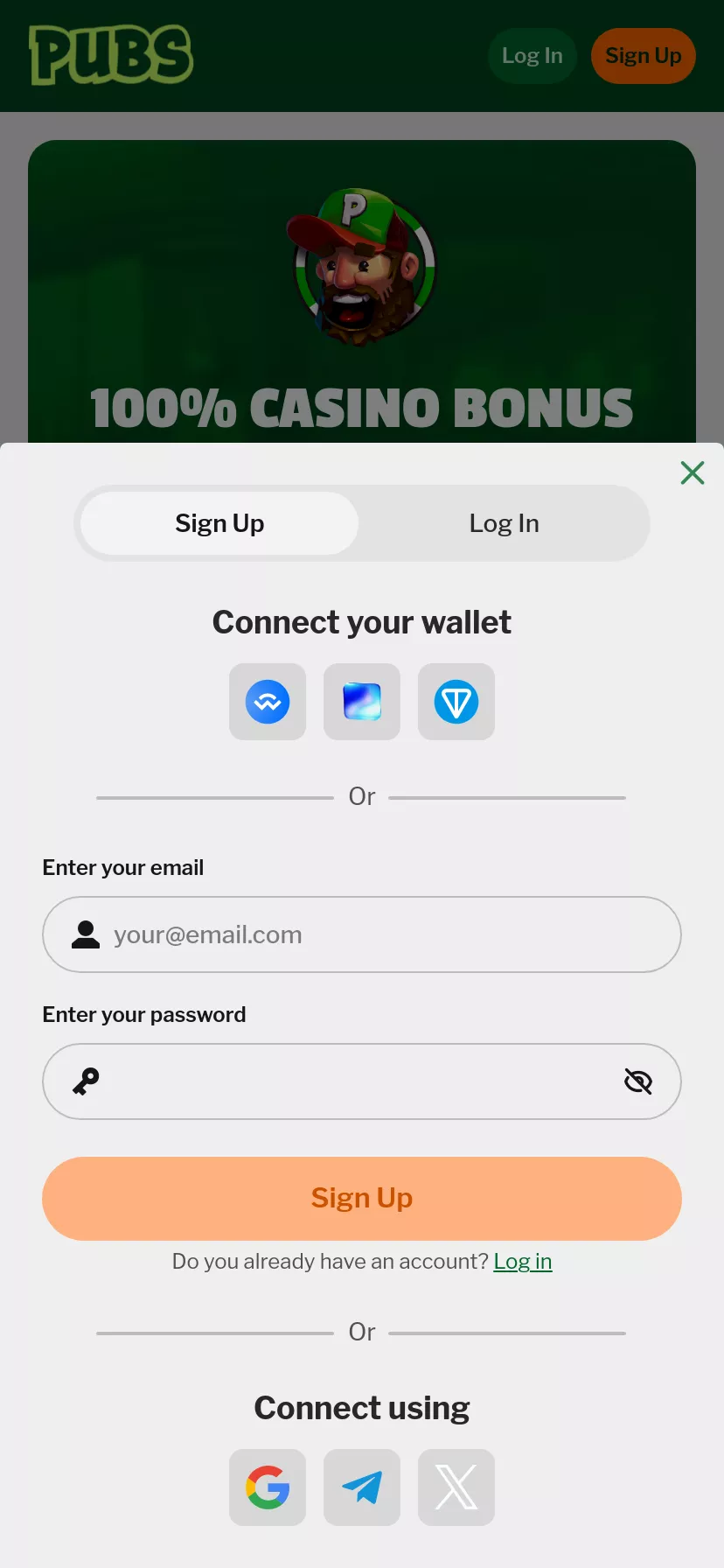 Mobile screen. Pubs 100% up to ₮1000