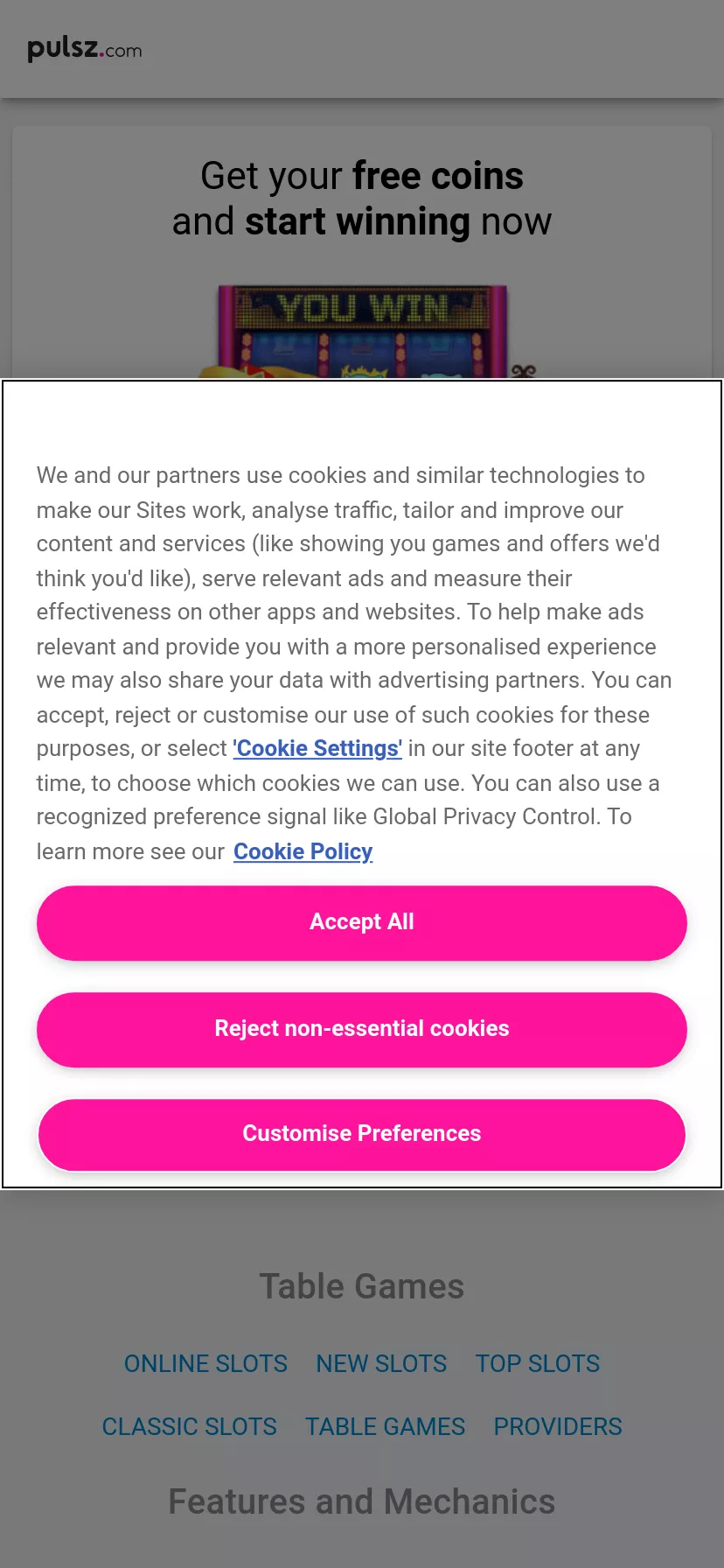 Mobile screen. Pulsz.com Get up to 405000 Gold Coins + 42.3 FREE Sweepstakes Coins