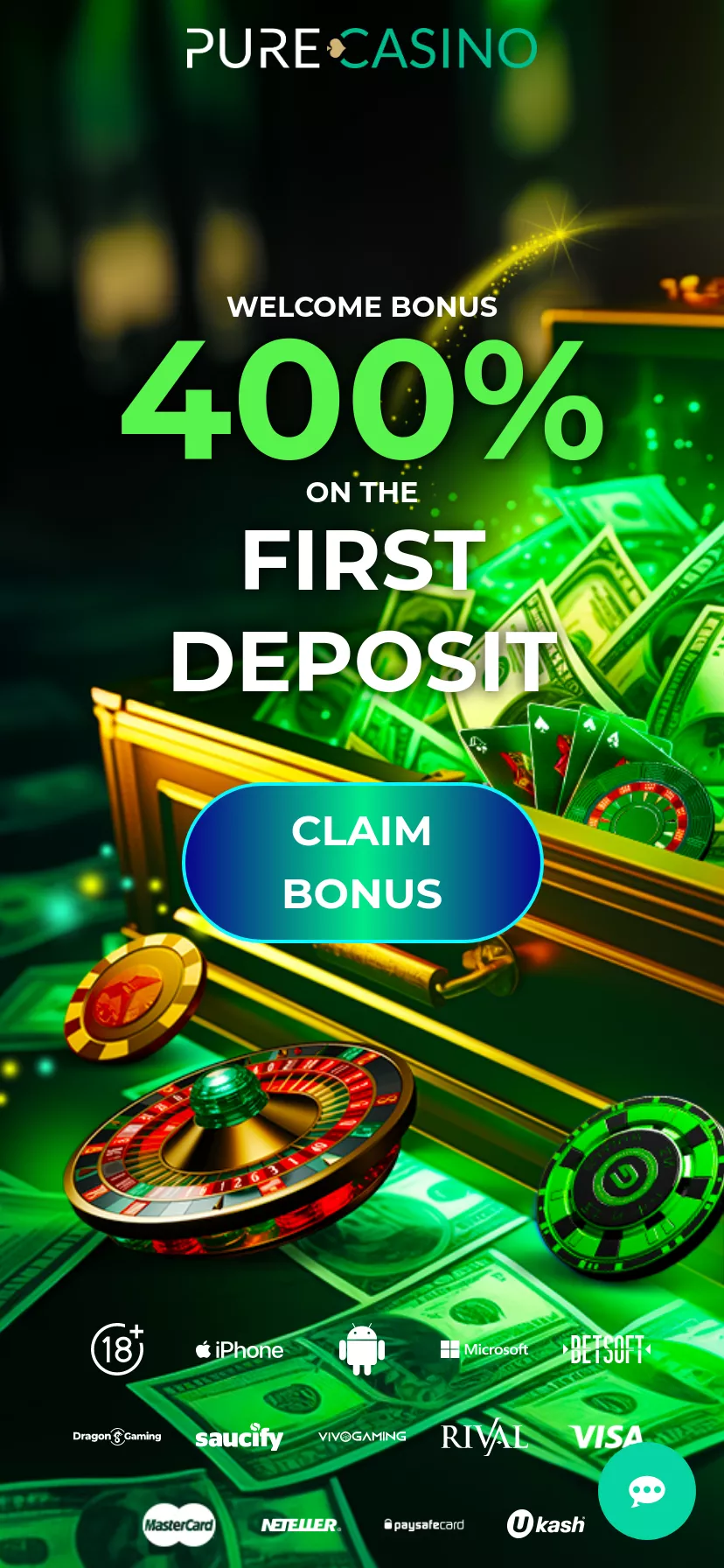 Mobile screen. Pure Casino 400% up to $4000