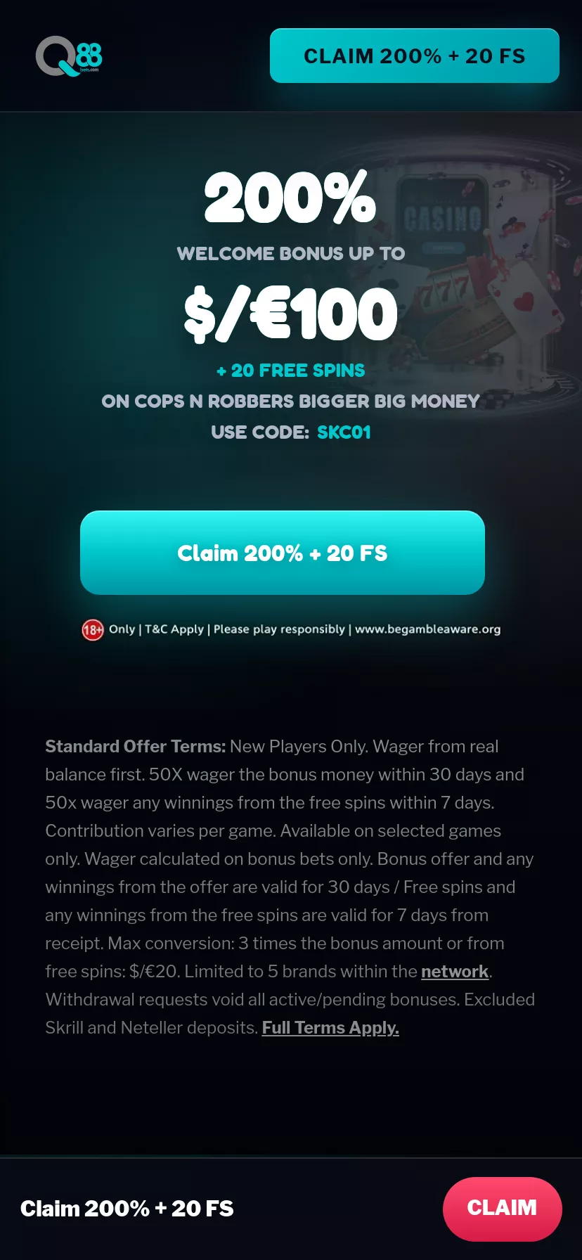 Mobile screen. Q88Bets Casino 100% up to $200 + 20 FS