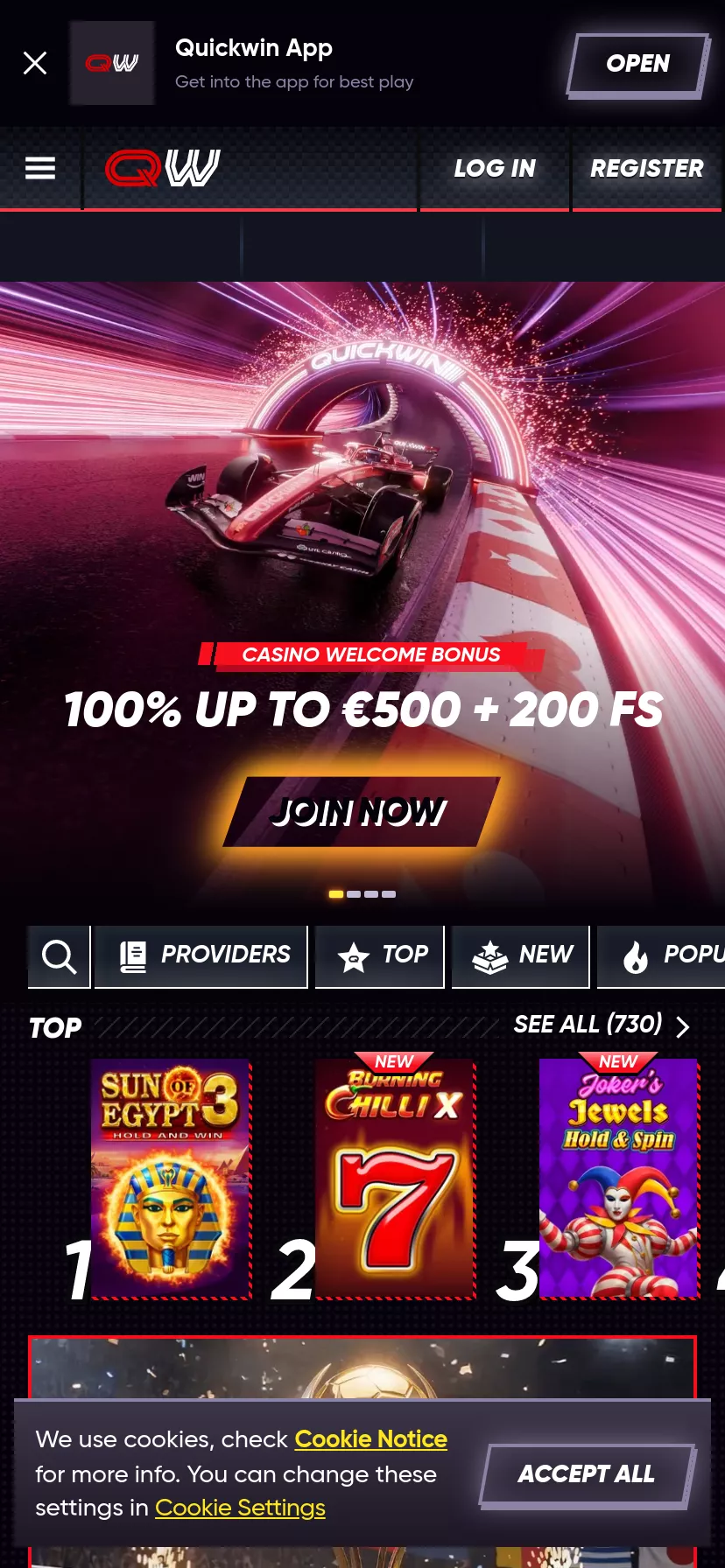 Mobile screen. QuickWin Casino Cashback 15% up to $3000