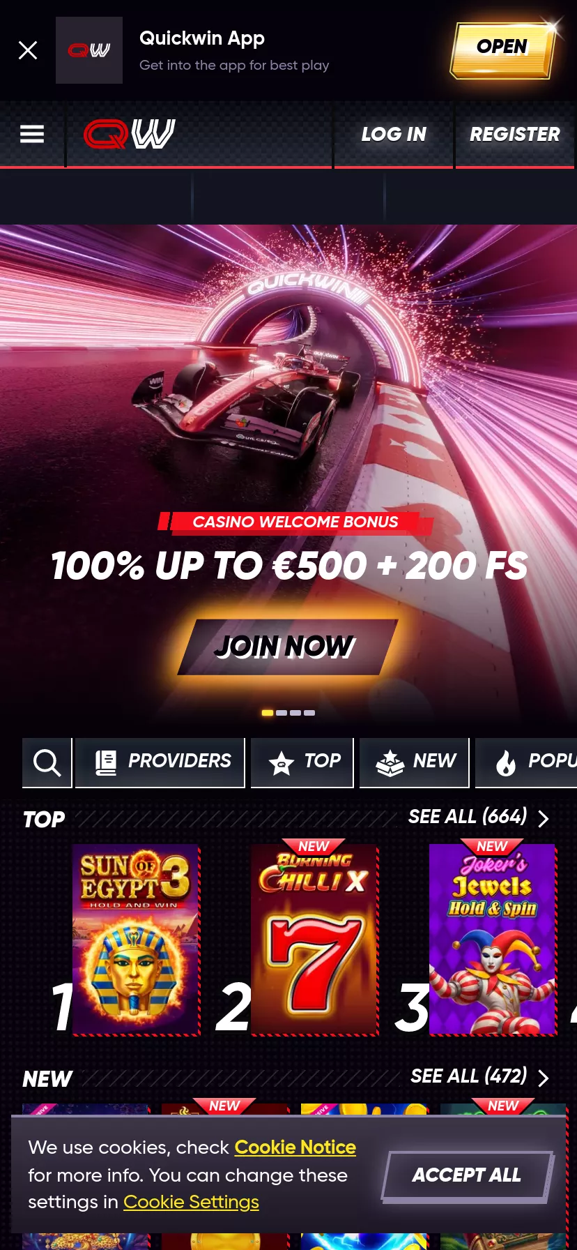 Mobile screen. QuickWin Casino 50% up to $700 + 50 FS