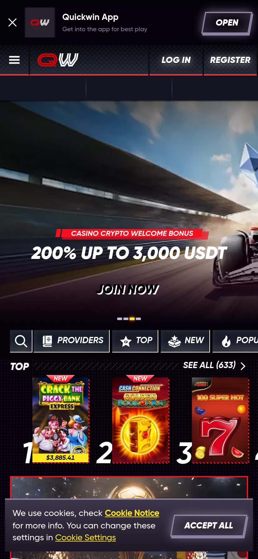 Mobile screen. QuickWin Casino 100% up to $500 + 200 FS