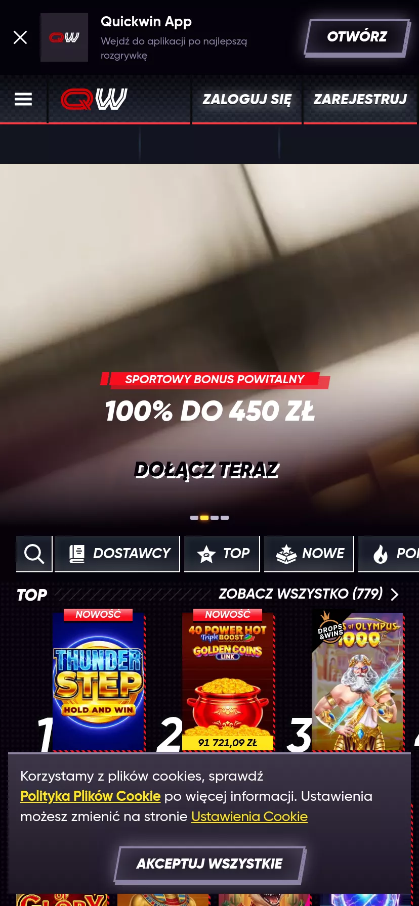 Mobile screen. QuickWin Casino 100% up to zł2250 + 200 FS