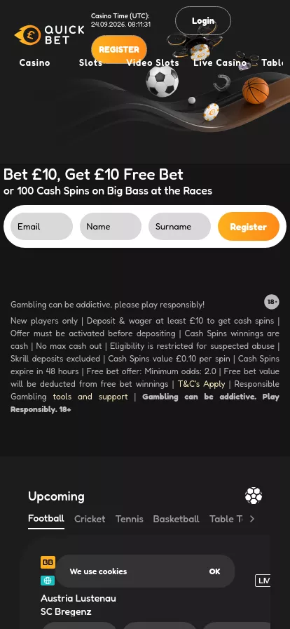 Mobile screen. Quickbet Get 100 FS