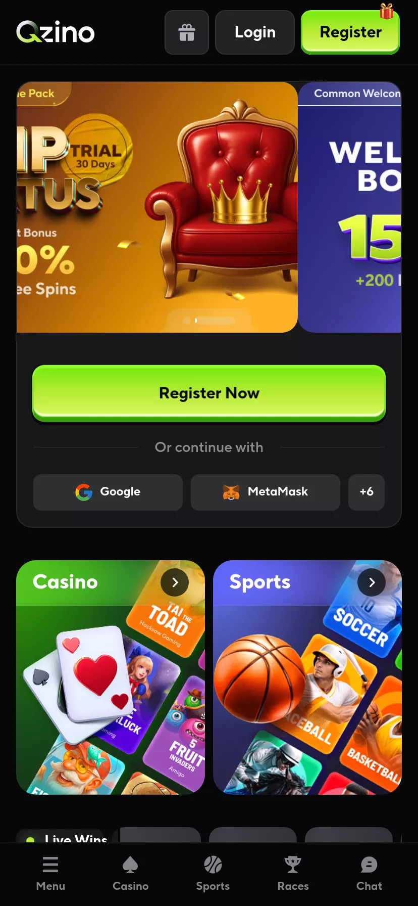 Mobile screen. Qzino Up to $10500 + 650 FS