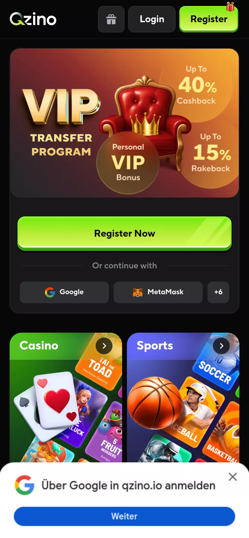 Mobile screen. Qzino Up to $100000
