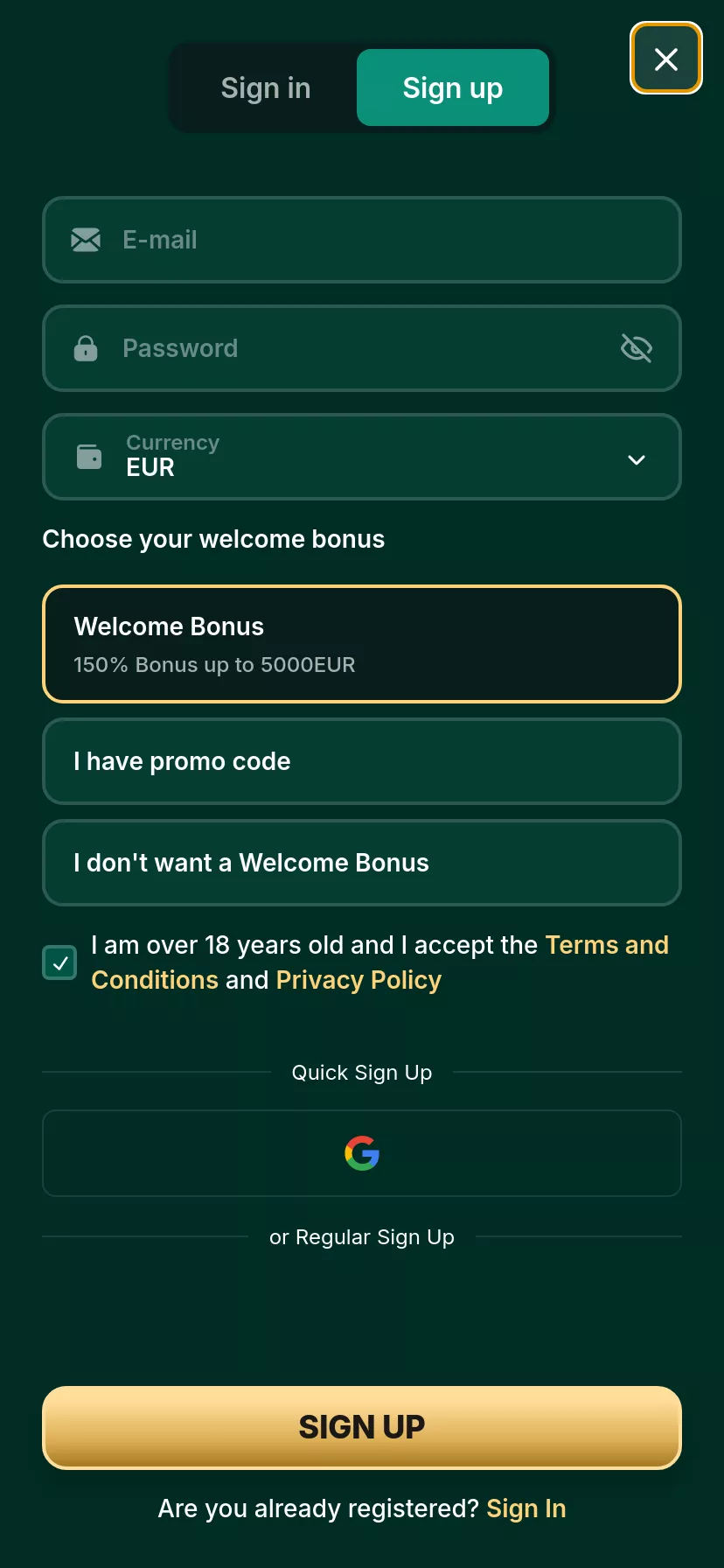 Mobile screen. RX Casino 200% up to €5000 + 200 FS