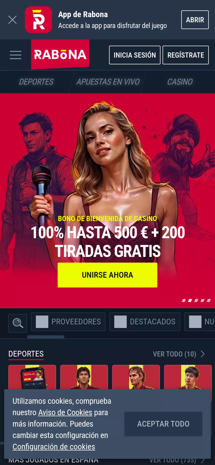 Mobile screen. Rabona 100% hasta €500 + 200 FS + 1 Bonus Crab