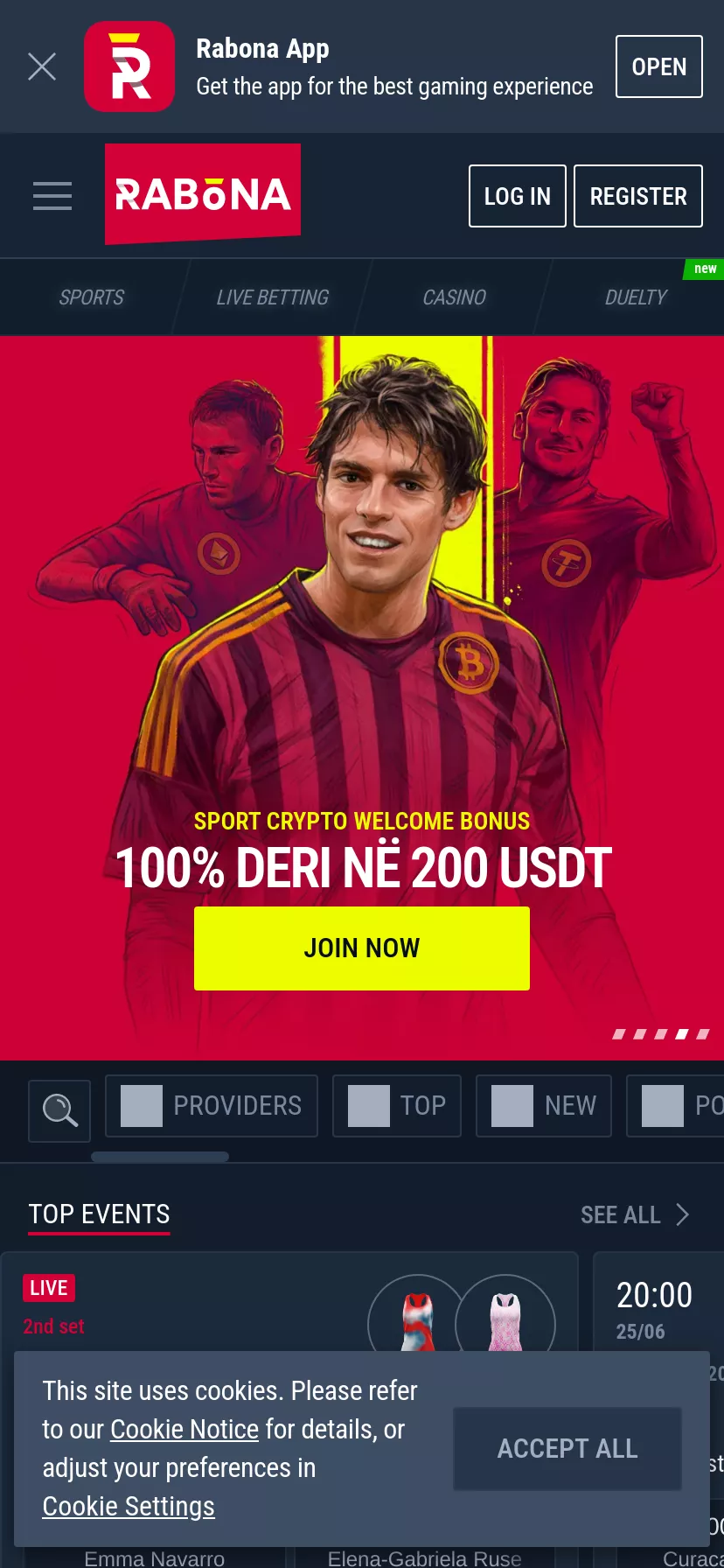 Mobile screen. Rabona 100% up to C$750 + 200 FS + 1 Bonus Crab