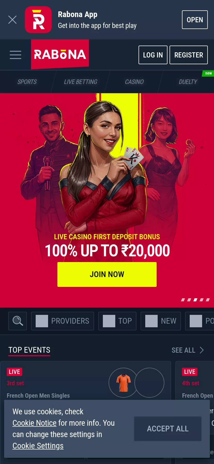 Mobile screen. Rabona 100% up to ₹40000 + 200 FS