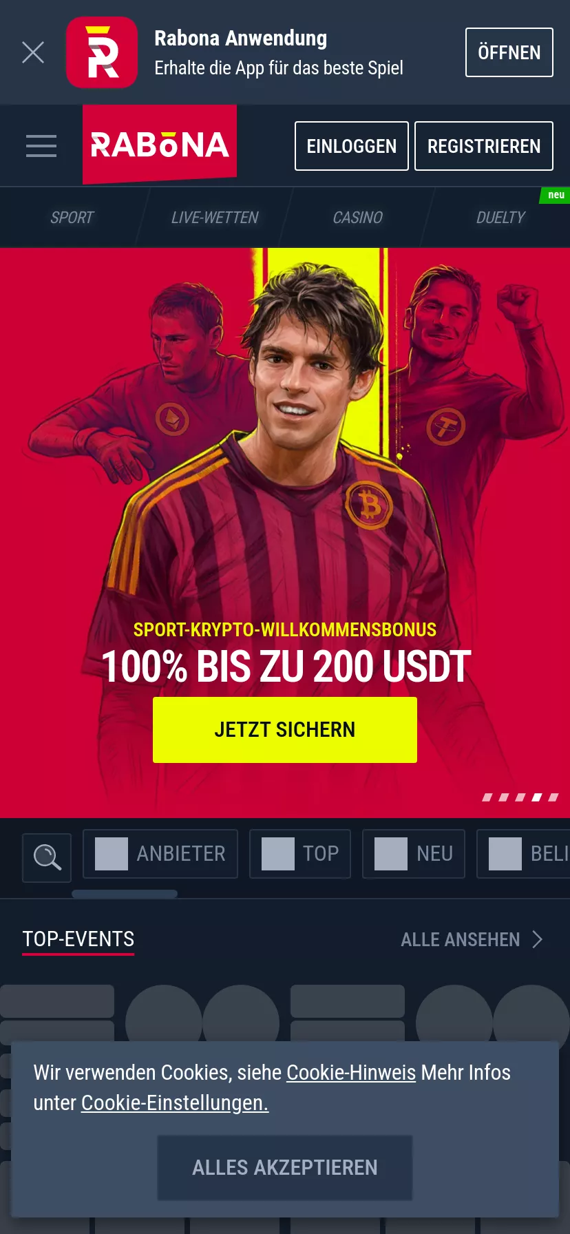 Mobile screen. Rabona 100% bis zu €500 + 200 FS