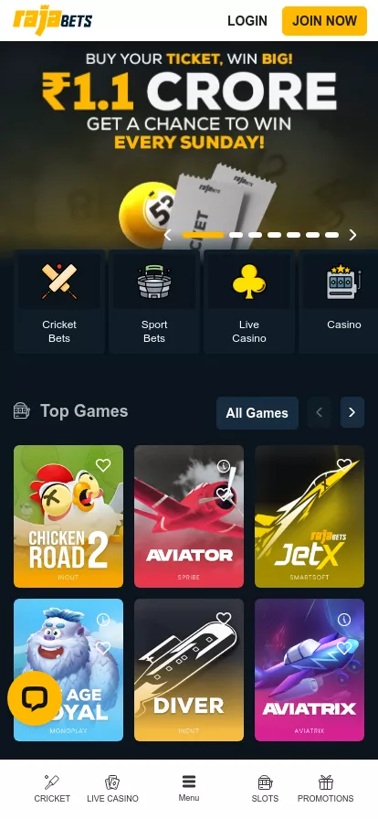 Mobile screen. Rajabets Casino 50% up to ₹3000