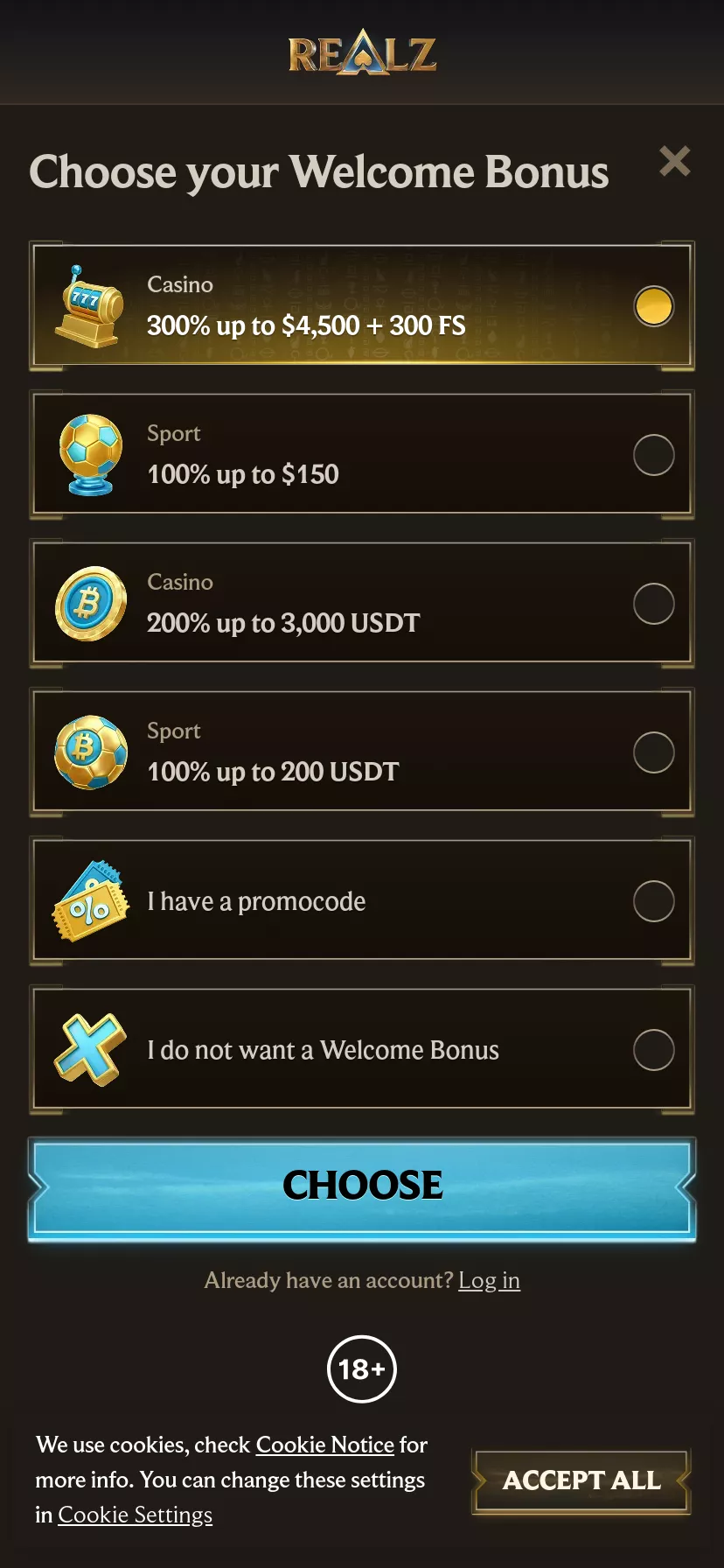 Mobile screen. Realz 100% up to C$750 + 200 FS + 1 Bonus Crab