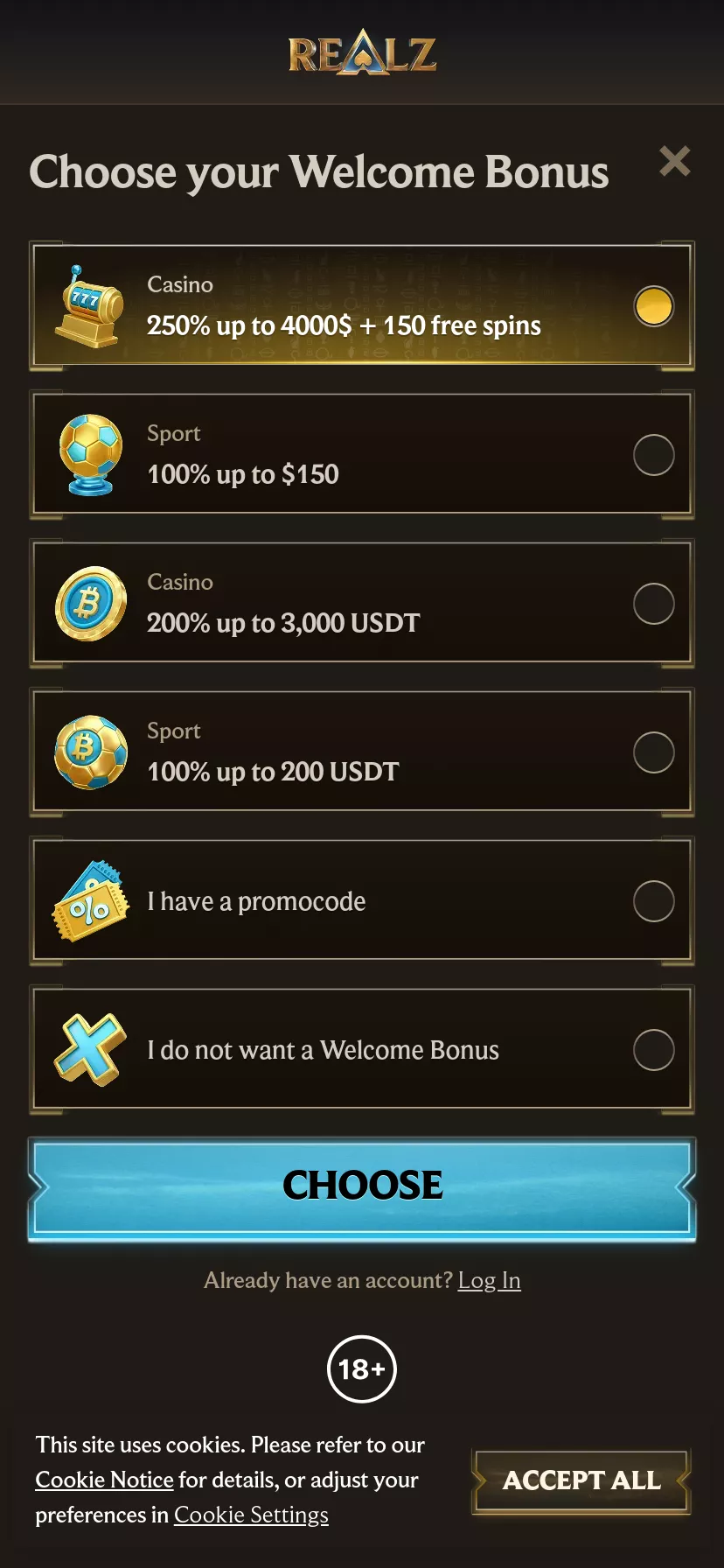 Mobile screen. Realz 100% up to $500 + 200 FS + 1 Bonus Crab