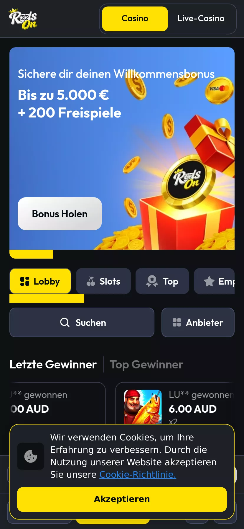 Mobile screen. ReelsOn Bis zu €3000 + 235 FS