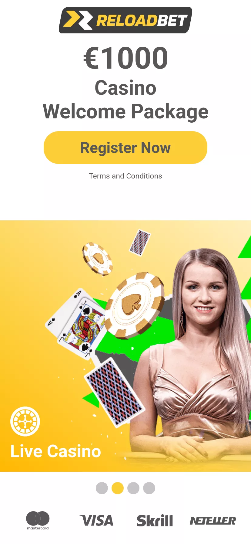 Mobile screen. ReloadBet Up to €1000