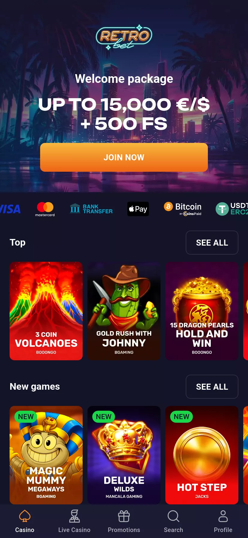 Mobile screen. RetroBet Up to $15000 + 500 FS