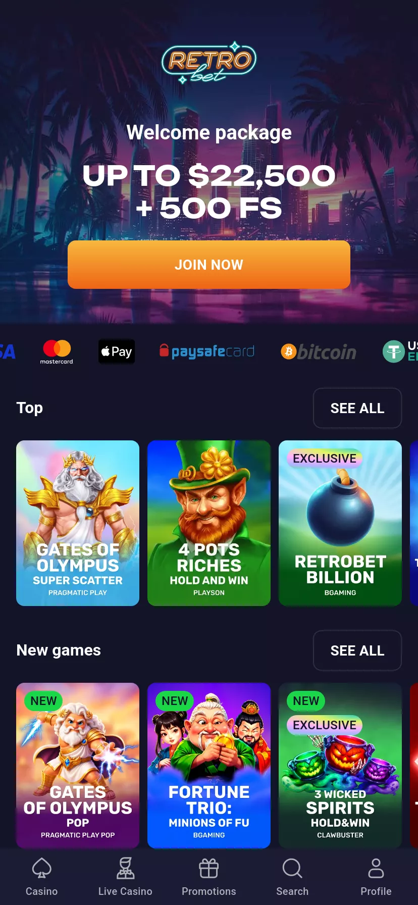 Mobile screen. RetroBet Up to NZ$15000 + 500 FS