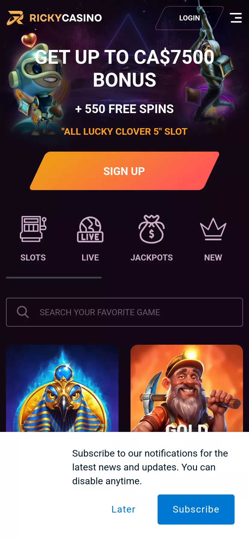 Mobile screen. RickyCasino Up to C$7500 + 550 FS