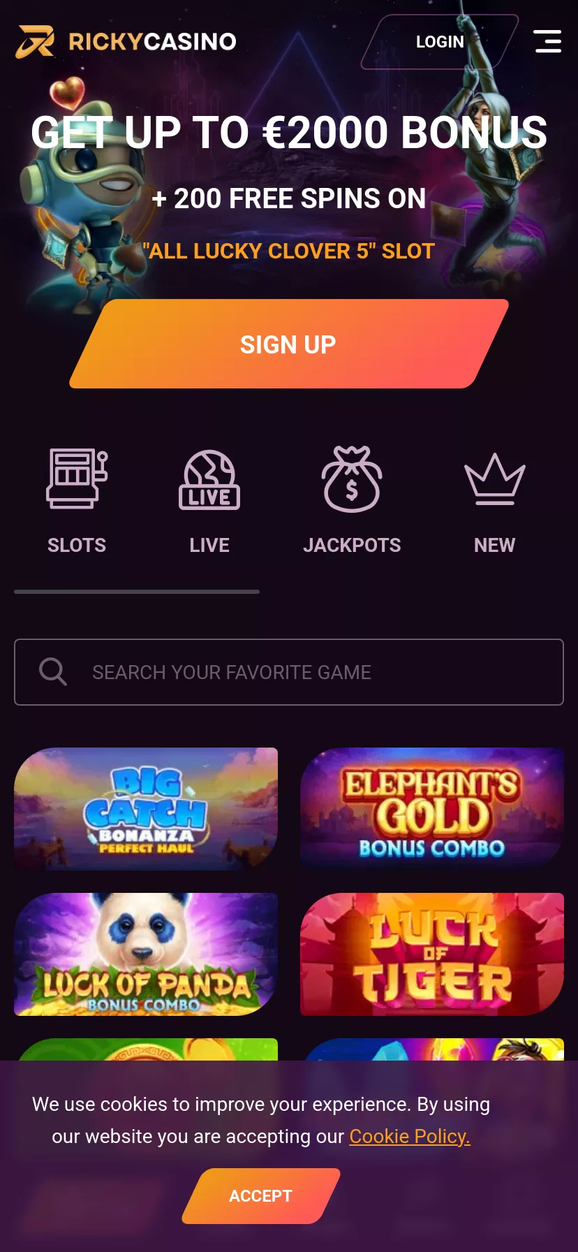 Mobile screen. RickyCasino Up to $2000 + 200 FS