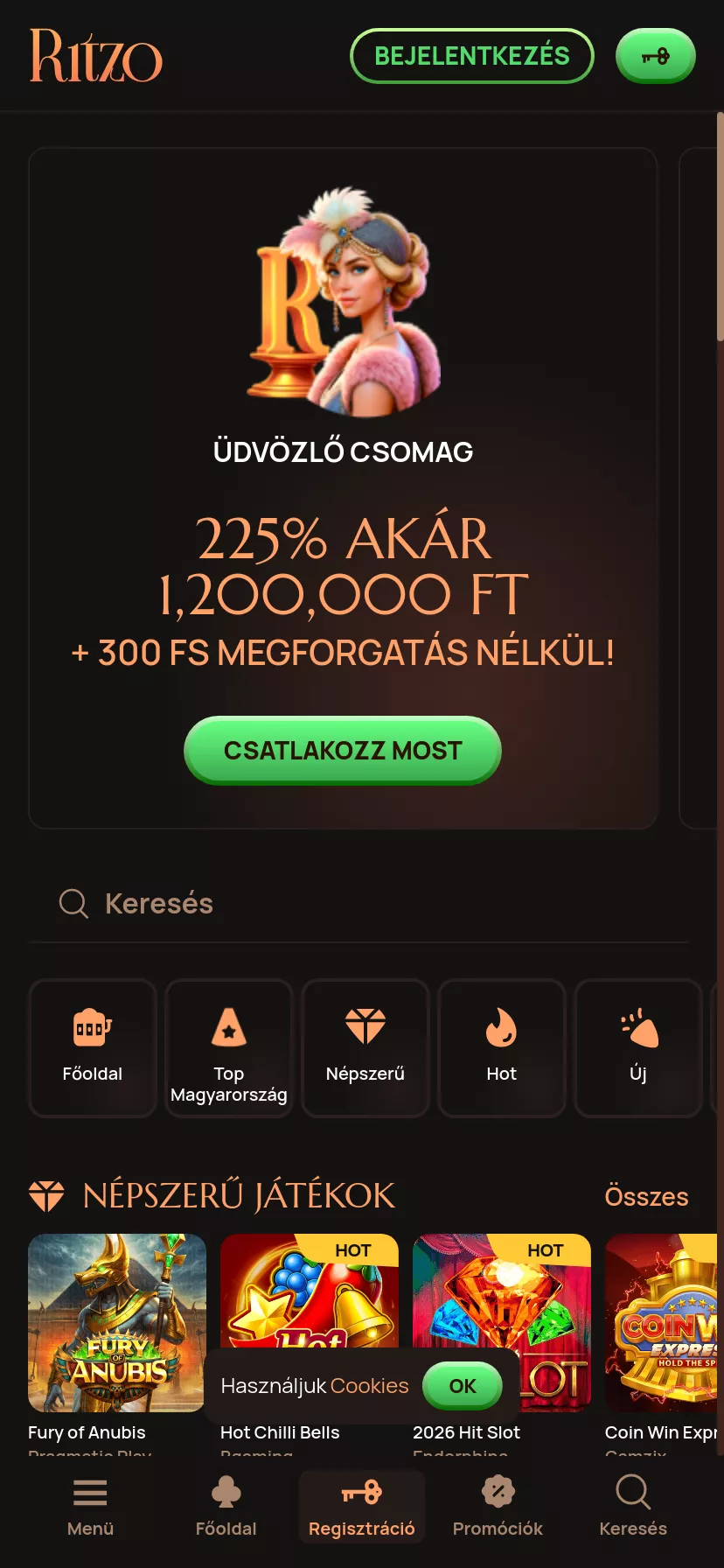 Mobile screen. Ritzo casino Akár Ft400000 + 300 FS