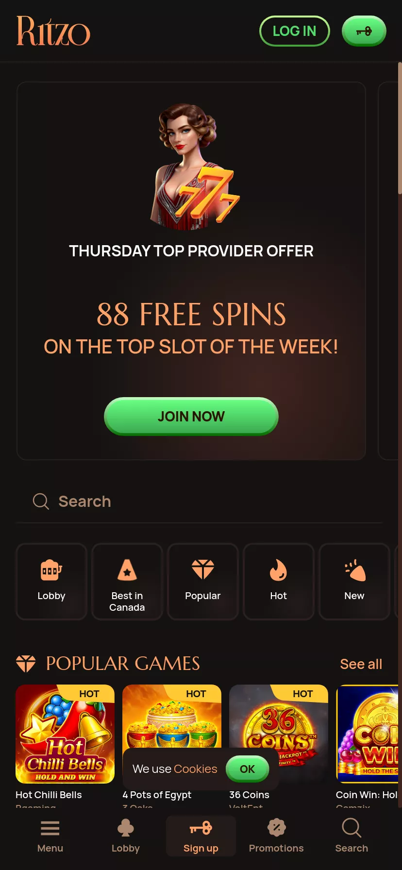Mobile screen. Ritzo casino Up to C$3000 + 300 FS