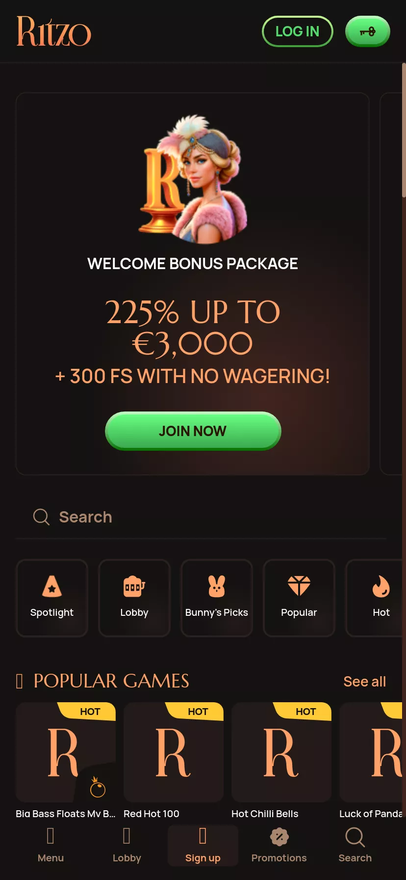 Mobile screen. Ritzo casino Up to $1000 + 300 FS