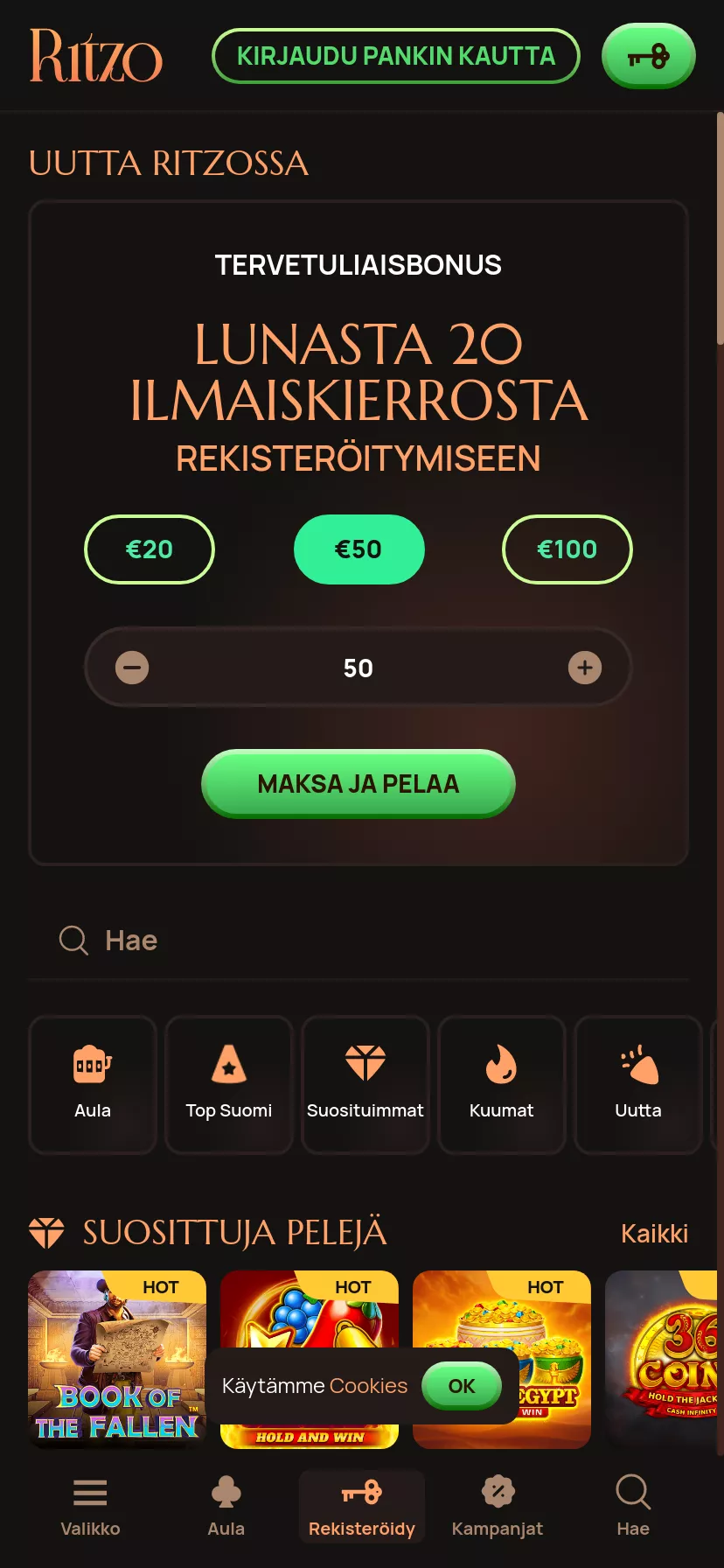 Mobile screen. Ritzo casino Up to €1000 + 300 FS