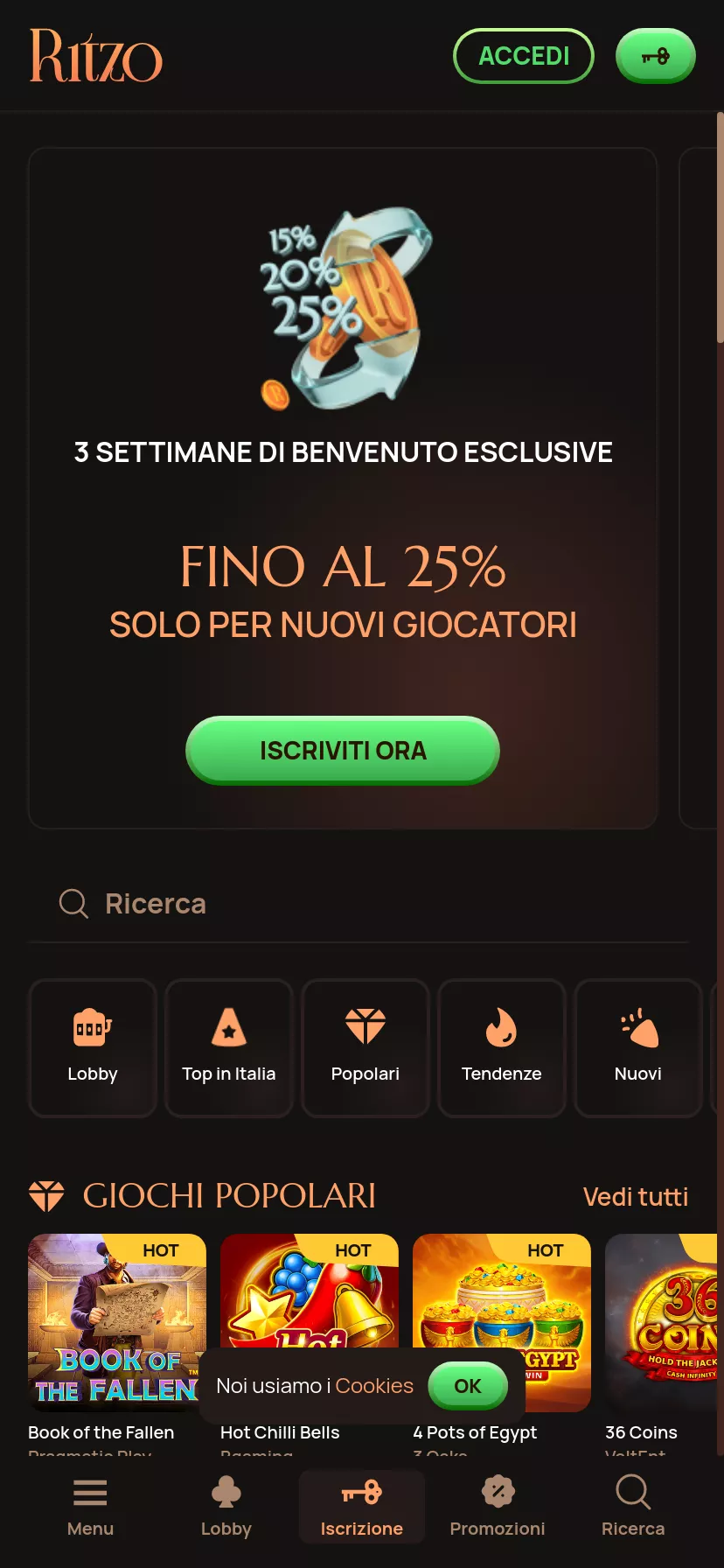 Mobile screen. Ritzo casino Up to €1000 + 300 FS