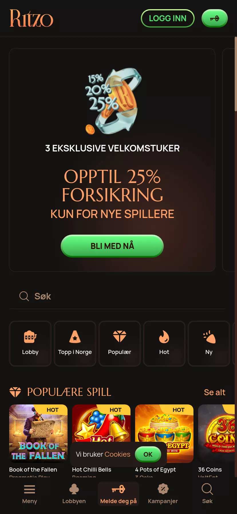 Mobile screen. Ritzo casino Up to kr10000 + 300 FS