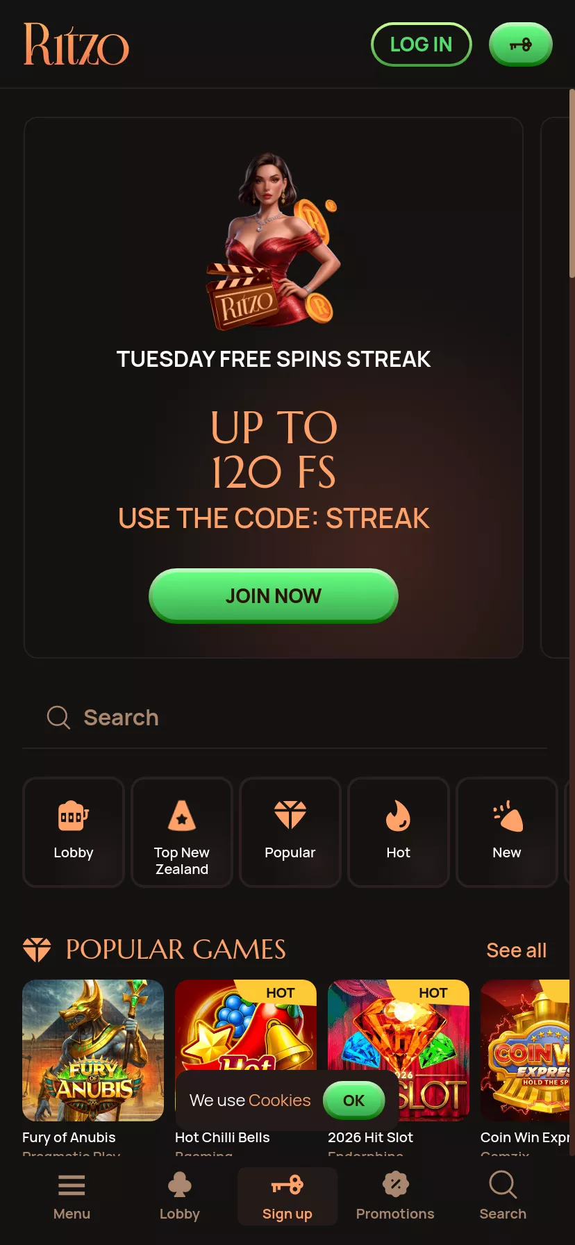Mobile screen. Ritzo casino Up to NZ$1620 + 300 FS