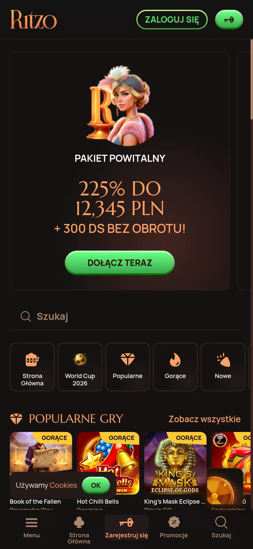 Mobile screen. Ritzo casino Up to zł5000 + 300 FS