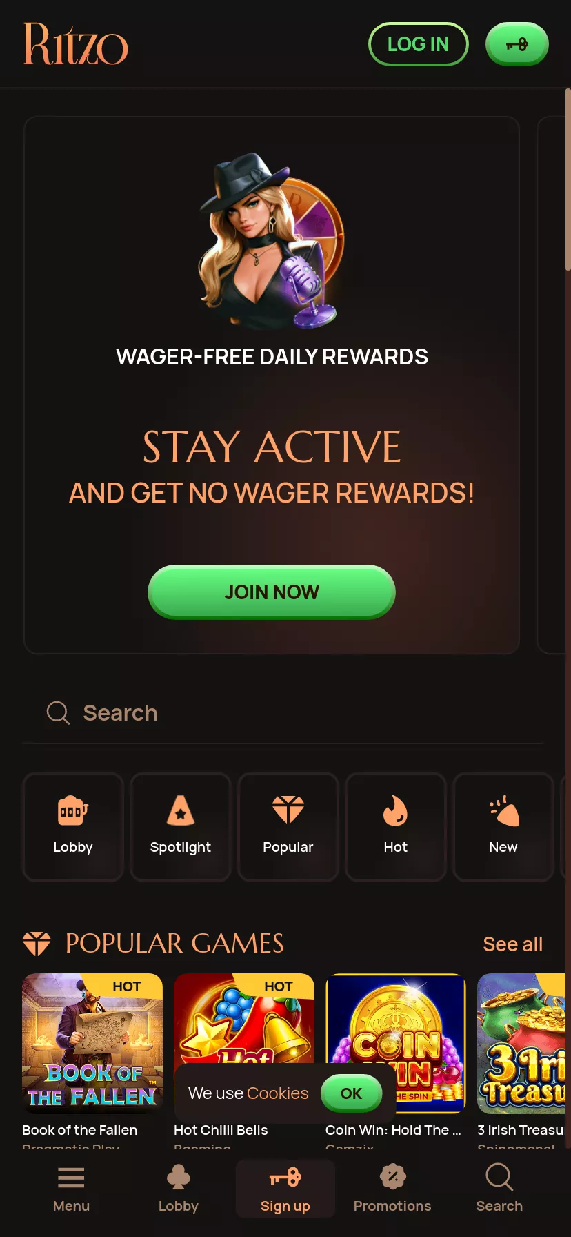 Mobile screen. Ritzo casino Up to €1000 + 300 FS