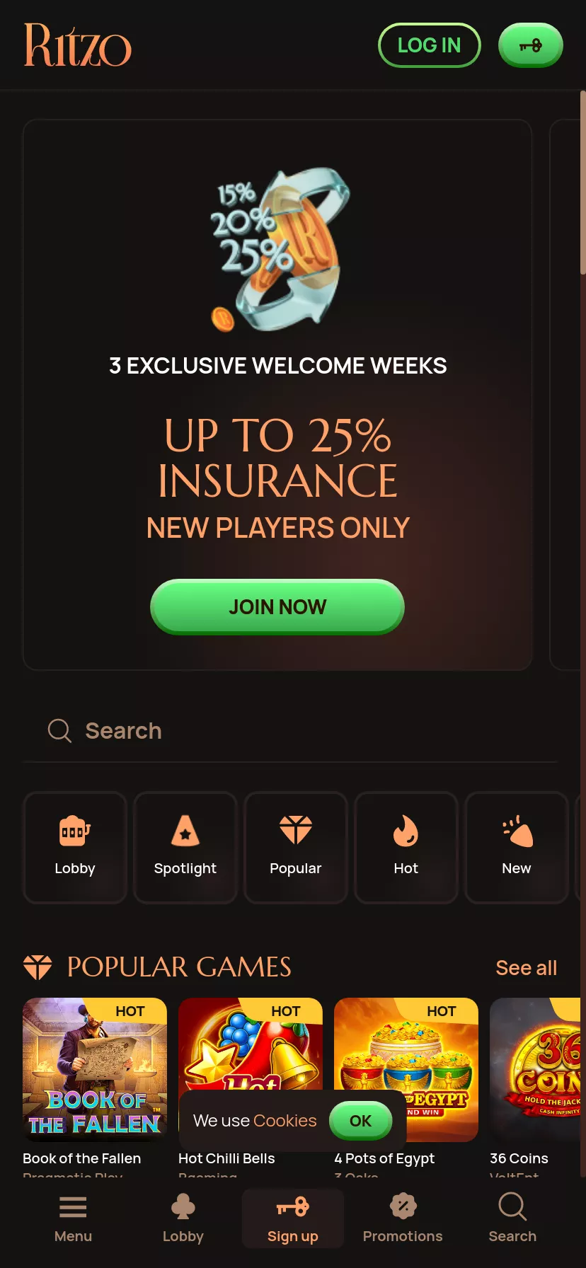 Mobile screen. Ritzo casino Up to €1000 + 300 FS