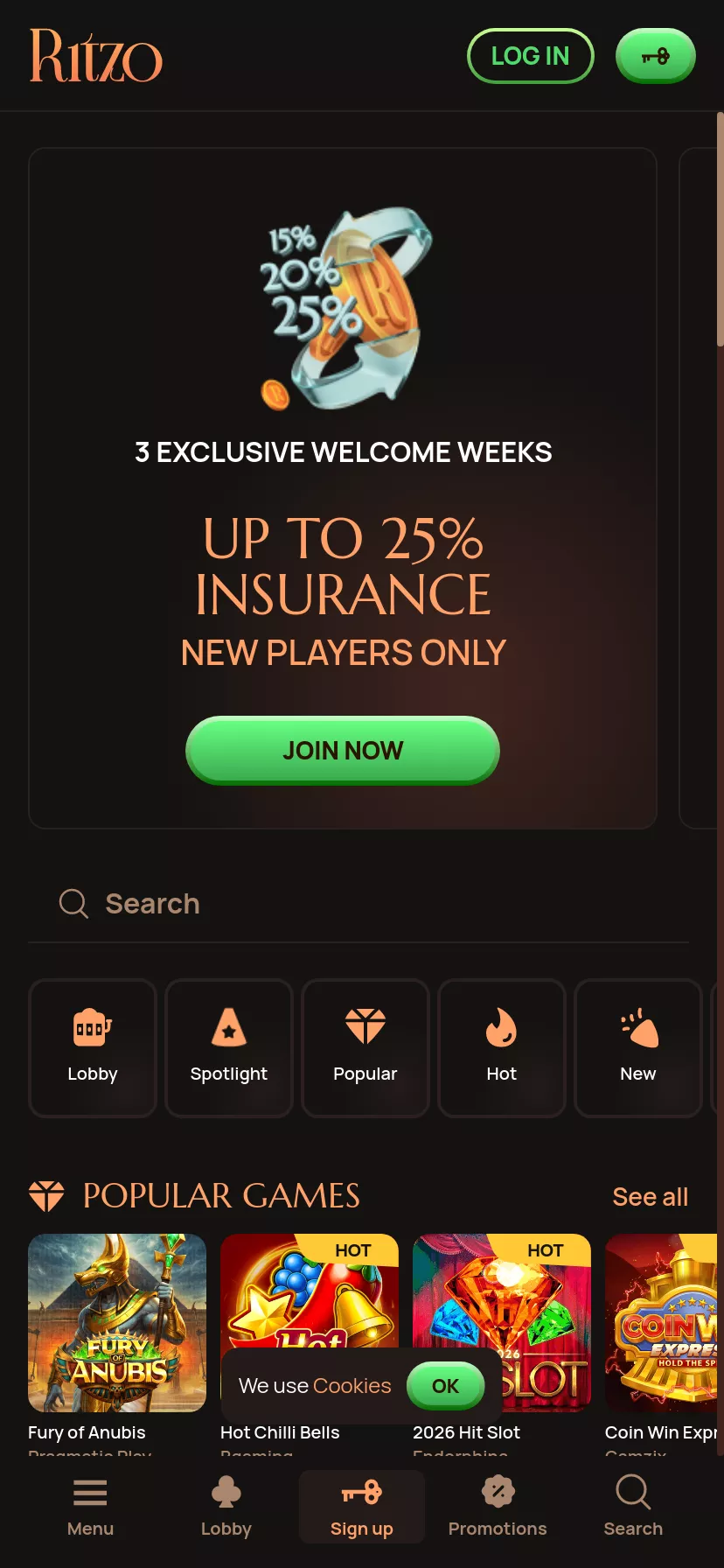 Mobile screen. Ritzo casino Bis zu €1000 + 300 FS