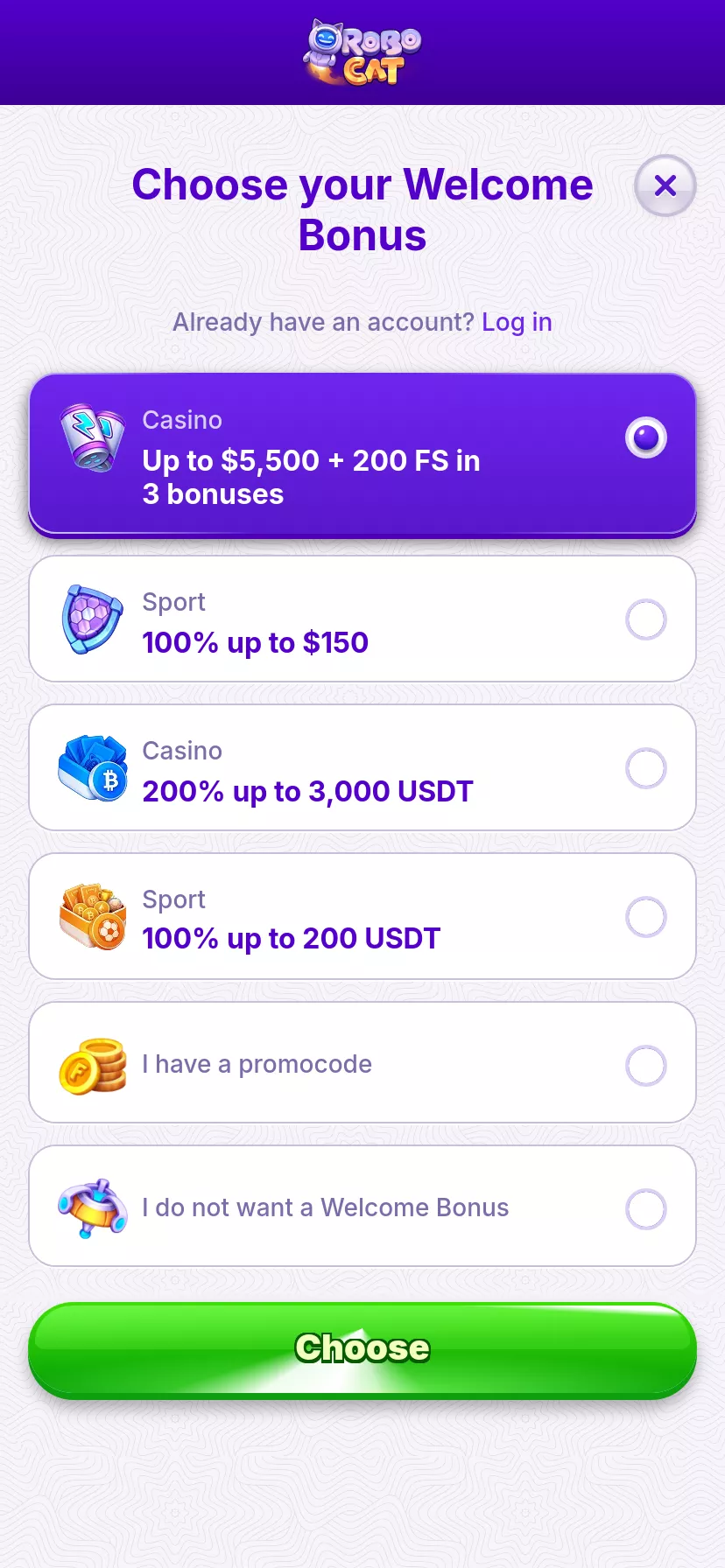 Mobile screen. Robocat Casino 100% up to $500 + 200 FS + 1 Bonus Crab