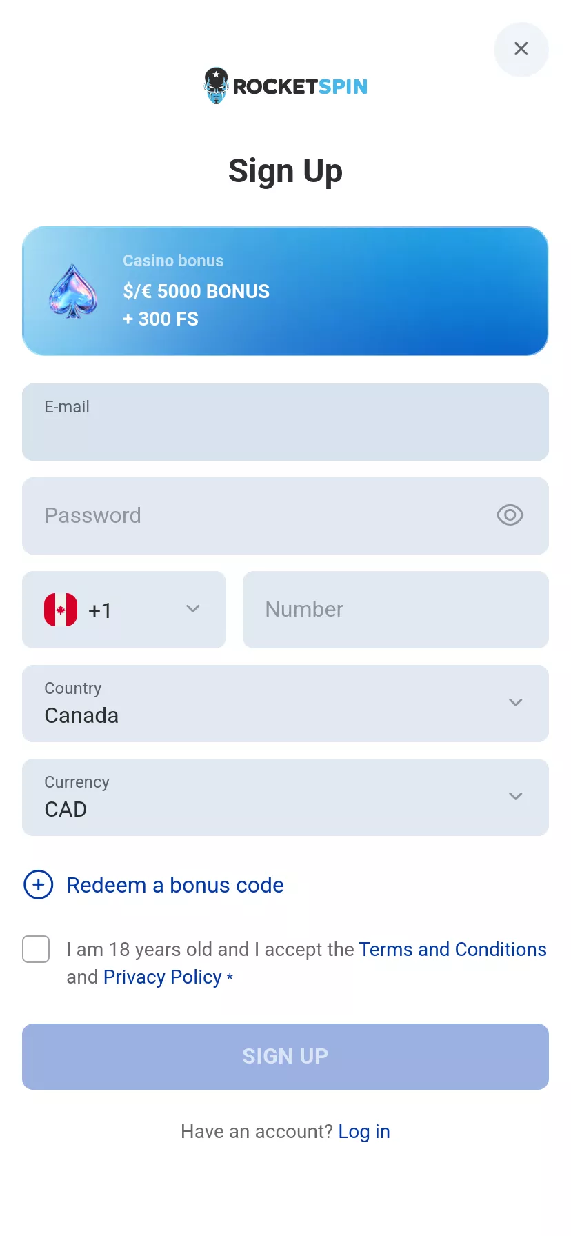 Mobile screen. Rocket Spin Up to C$5000 + 300 FS