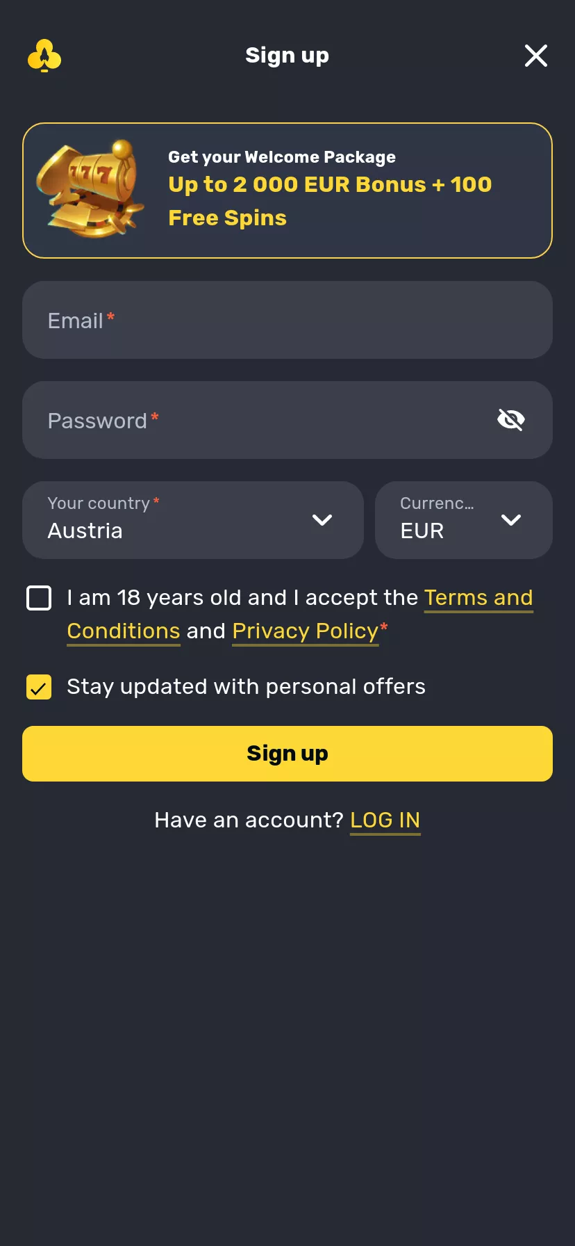 Mobile screen. RocketPlay Casino 150% up to $400 + 200 FS