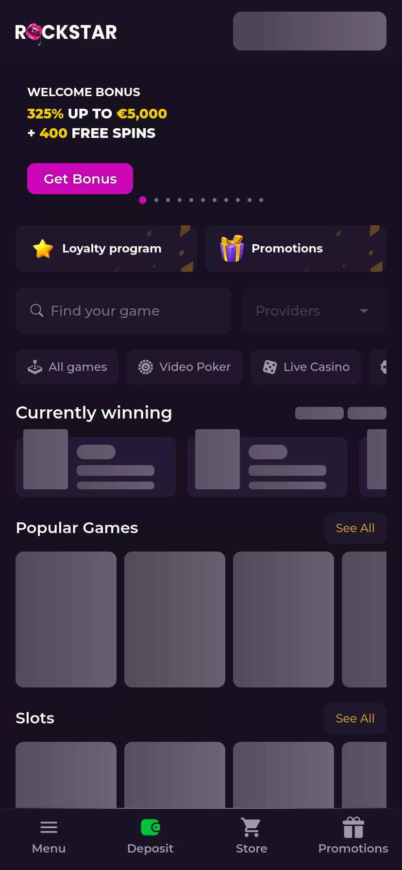 Mobile screen. Rockstar Casino Up to $5000 + 400 FS