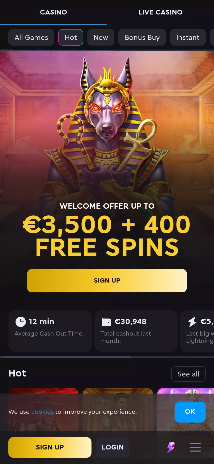 Mobile screen. Rockwin Casino Fino a €3500 + 400 FS