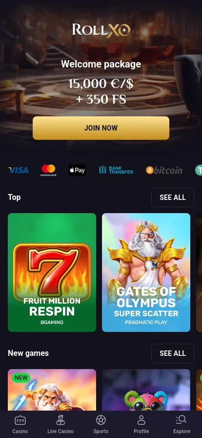 Mobile screen. RollXO Casino Up to $15000 + 350 FS