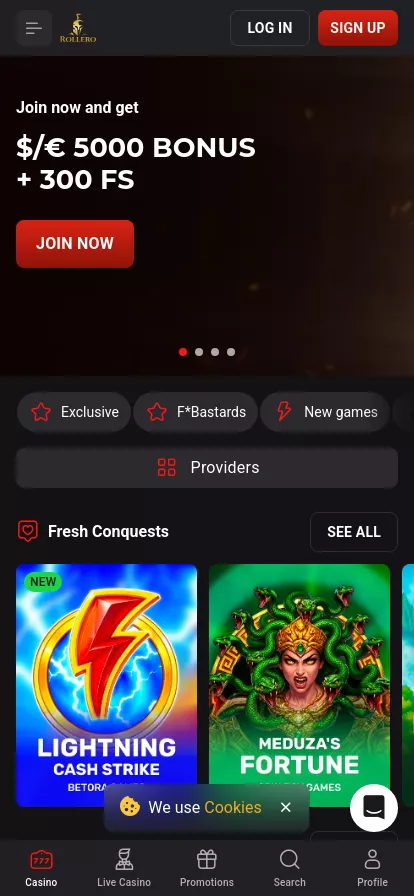 Mobile screen. Rollero Casino Up to $5000 + 300 FS