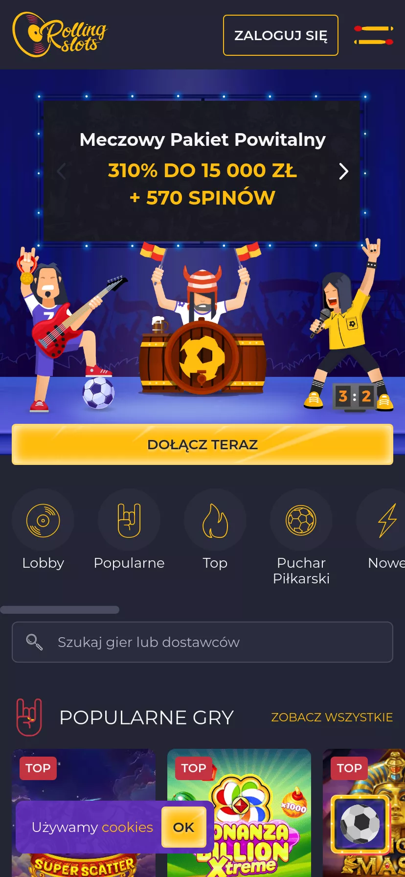 Mobile screen. Rolling Slots Up to zł13000 + 300 FS