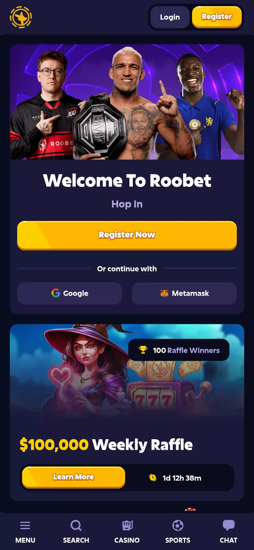 Mobile screen. Roobet Up to $100000 Weekly Raffle