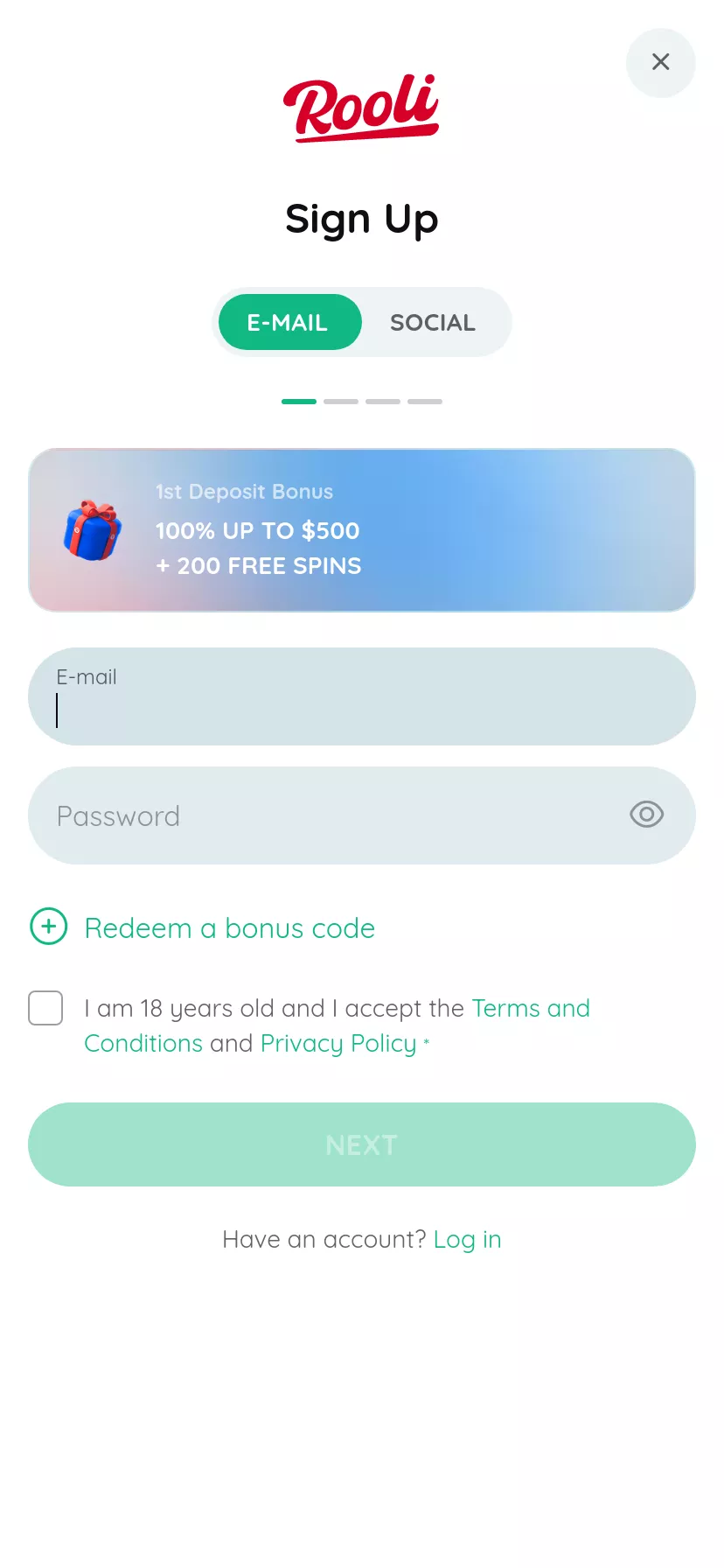 Mobile screen. Rooli Casino Up to C$4000 + 475 FS