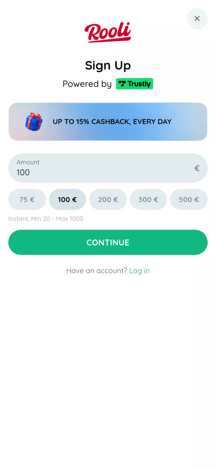Mobile screen. Rooli Casino Up to €4000 + 475 FS
