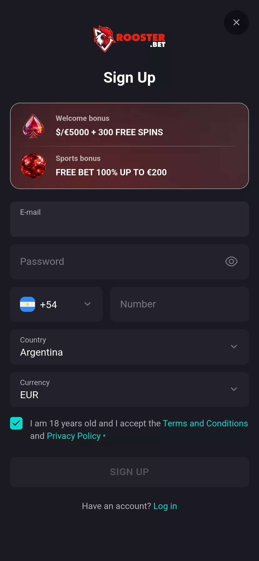Mobile screen. Rooster Bet Up to $5000 + 300 FS