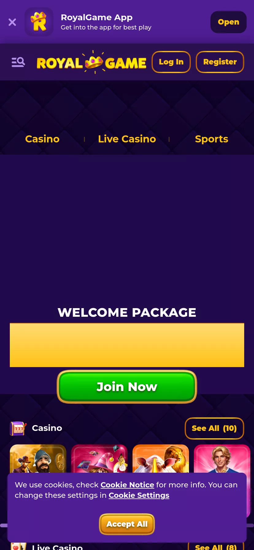 Mobile screen. RoyalGame Casino 100% up to $500 + 200 FS + 1 Bonus Crab
